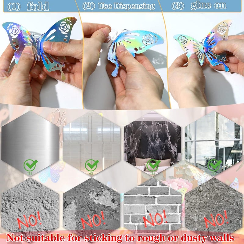 DELEMI 60 Pcs 3D Iridescent Silver Butterfly Wall Stickers, Holographic Decals With 5 Style Decorative Paper Murals for Nursery, Classroom and Glitter Party (Silver) - Image 5